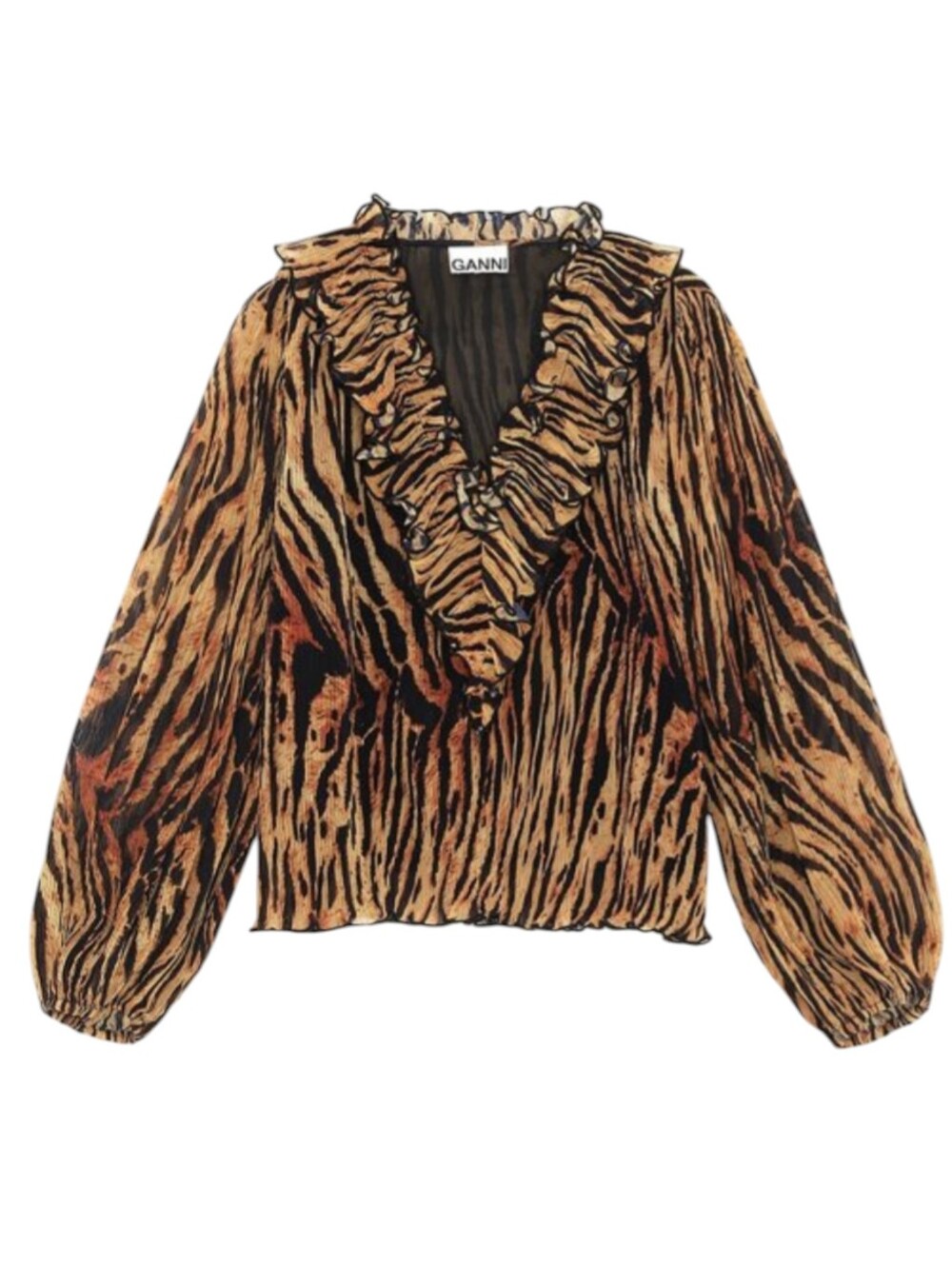 Ganni Tiger Print Pleated Ruffle V-Neck Blouse | Size 8 US (40 EU) | Whimsigoth